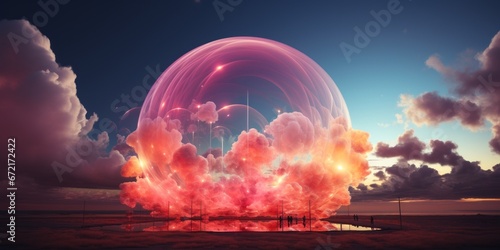 Surreal big bubble,  pink clouds, AI generated