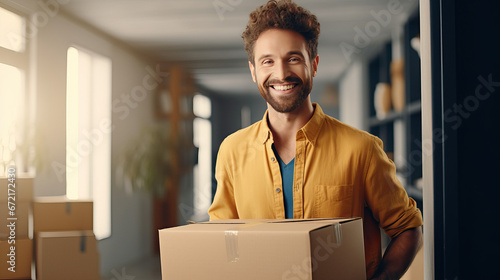 Man carryies carton box in empty house, moving in new apartment, male worker helps to carry boxes, paking stuff to move out