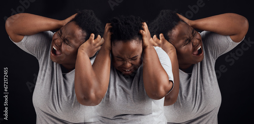 Schizophrenia, fear and black woman on a studio background for mental health problem. Bipolar, psychology and an African girl or sick person screaming with stress, anxiety or frustrated on a backdrop