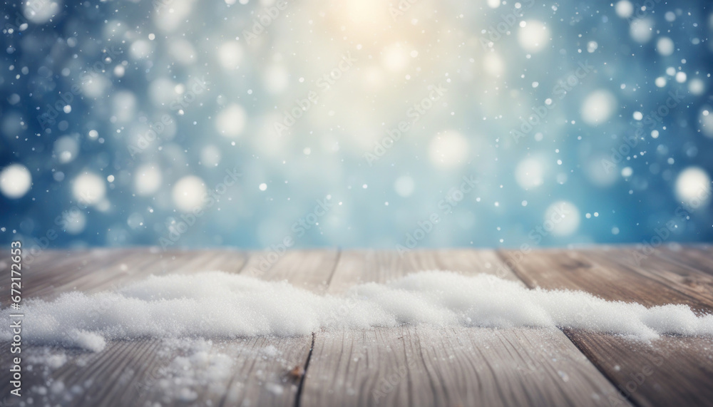 Snowy Winter Scene with Wooden Flooring and Falling Snowflakes