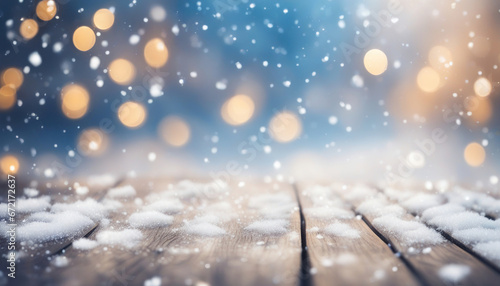 Snowy Winter Scene with Wooden Flooring and Falling Snowflakes