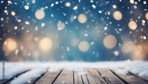 Snowy Winter Scene with Wooden Flooring and Falling Snowflakes © Abood