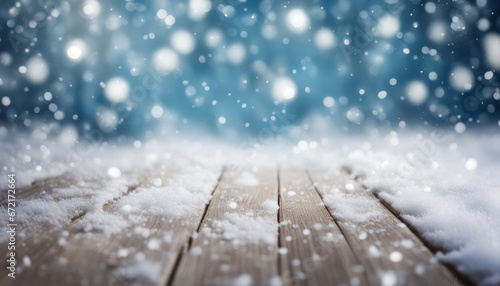 Snowy Winter Scene with Wooden Flooring and Falling Snowflakes