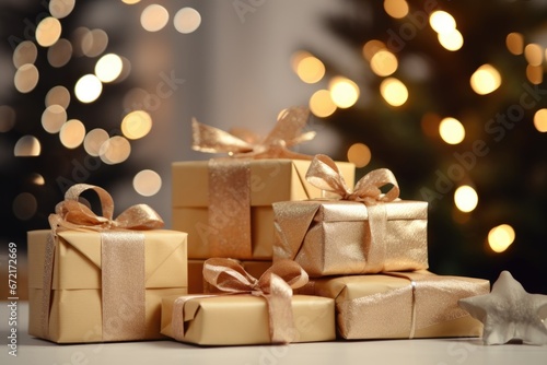 Piles of Christmas gifts under the Christmas tree, winter, New Year and holidays