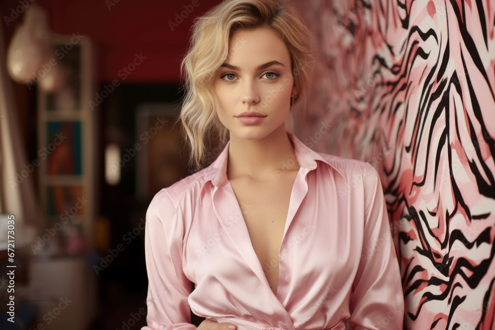 A girl in a pink shirt stands against a zebra print background A girl in a pink shirt stands against a zebra print background