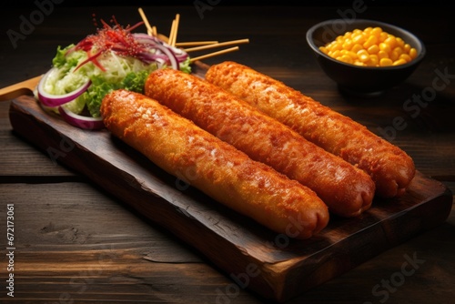 Traditional American corn dogs with mustard and ketchup on wooden board