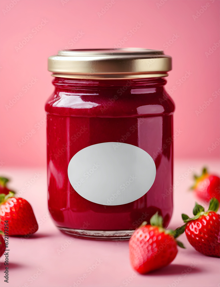 Strawberry jam in a glass jar with a blank label on a pink background. Strawberry jam in a glass jar with a blank label on a pink background.