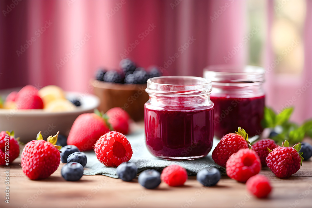 Homemade berry jam in glass jars with fresh berries on a wooden table. Homemade berry jam in glass jars with fresh berries on a wooden table.