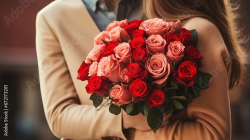 A couple in love in an embrace. She gets a bouquet of roses. Generative AI