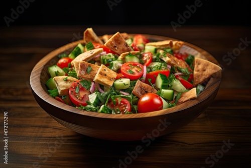 Arabic fattoush salad fattoosh turkish wooden background in bowl