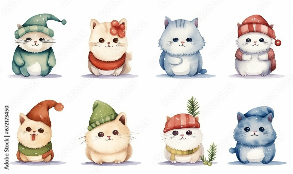 Set of cute Christmas cats in scarves and winter hats isolated. Collection of icon kittens in winter clothes. Cartoon aquarel animal faces for greeting card or stickers. Domestic trendy pet. Set of cute Christmas cats in scarves and winter hats isolated. Collection of icon kittens in winter clothes. Cartoon aquarel animal faces for greeting card or stickers. Domestic trendy pet.