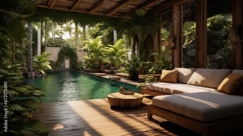 Small private swimming pool at villa in jungle  Green tropical plants around.