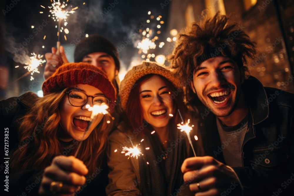 group of people at new years party with sparklers