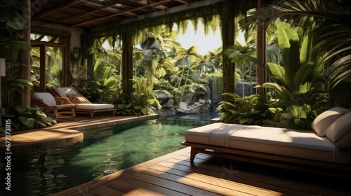 Small private swimming pool at villa in jungle, Green tropical plants around. © visoot