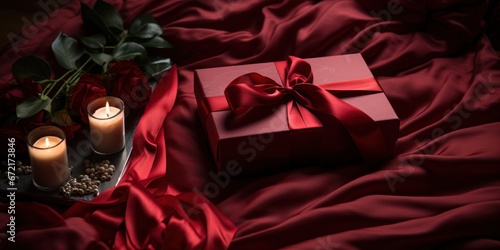 red gift box with ribbon on silky sheets. Romantic gift photo