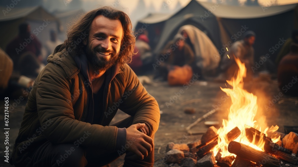 Refugee in shabby clothes at refugee camp, campfire, happy smile.