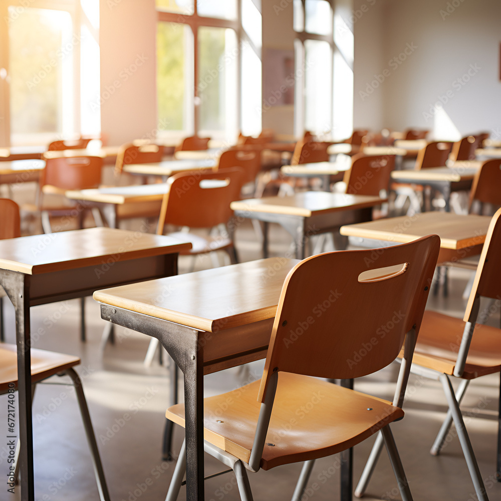 Close-Up of Empty Chairs and Tables in a Classroom, School Seminar, or Conference Room, Selective Focus, Ample Copy Space, Generative AI