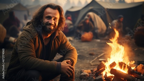 Refugee in shabby clothes at refugee camp, campfire, happy smile.