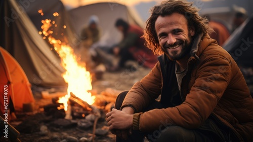 Refugee in shabby clothes at refugee camp, campfire, happy smile.