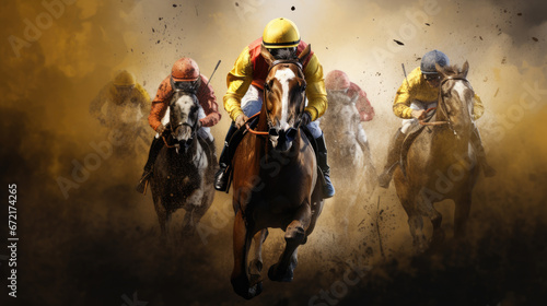 a group of horses and jockeys are racing