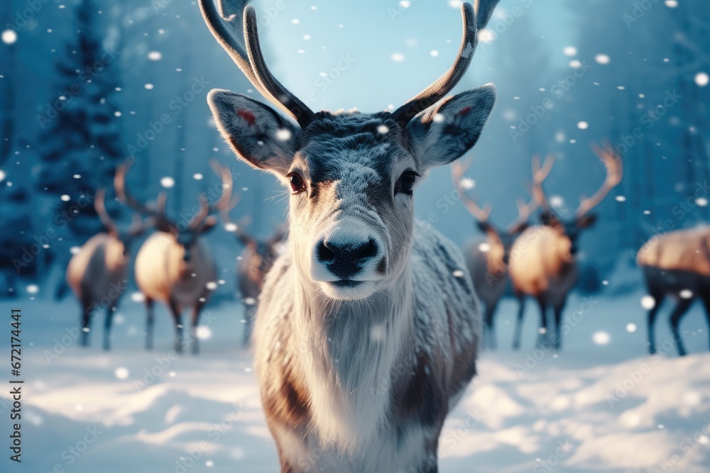 Reindeer, Rudolph with snow in winter landscape. - obrazy, fototapety, plakaty 
