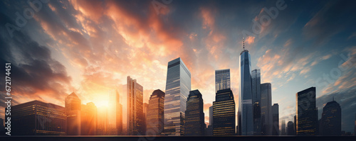 Skyscrapers in futuristic city with sunrise.