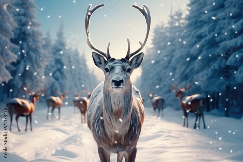 Reindeer, Rudolph with snow in winter landscape. photo