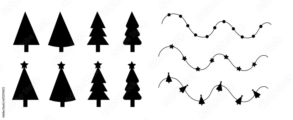 Set de formes graphiques sur le thème de Noël avec des sapins et des guirlandes Set de formes graphiques sur le thème de Noël avec des sapins et des guirlandes