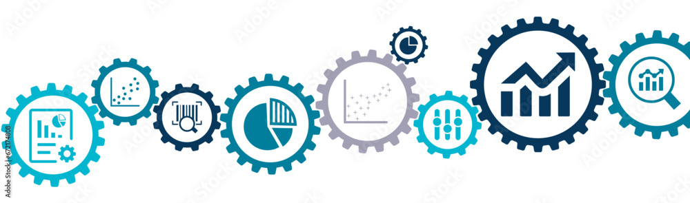 Business data analytics banner vector illustration with the icons of process management, consultant, management, automation, technology, analysis, information, information, on white background.