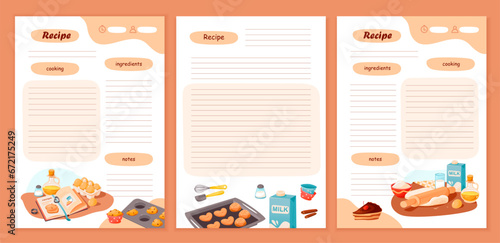 Recipe cards and meal planner. Template cookbook sheets for recipe, notes on cooking and ingredients. Vector cartoon illustration