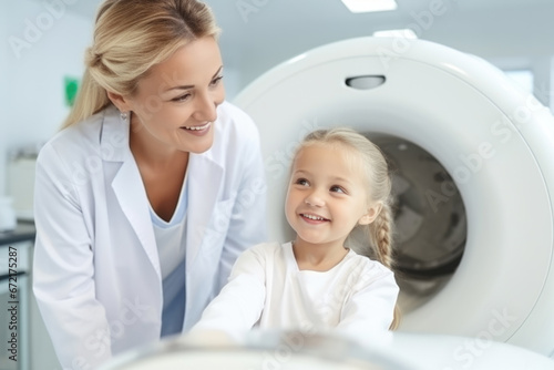 Kid taking magnetic resonance MRI exam at hospital. Generative Ai