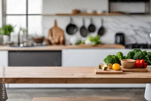 business concept, product display, Selective focus on wooden table kitchen island. empty dining table with copy space for display products. clean countertop for cooking healthy food against furniture