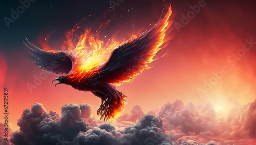 Majestic Flame Phoenix on Red Sky