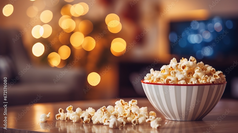 Popcorn in a glass bowl and remote control in front of the TV in a home interior. Watching TV shows and series. Ai generative Popcorn in a glass bowl and remote control in front of the TV in a home interior. Watching TV shows and series. Ai generative