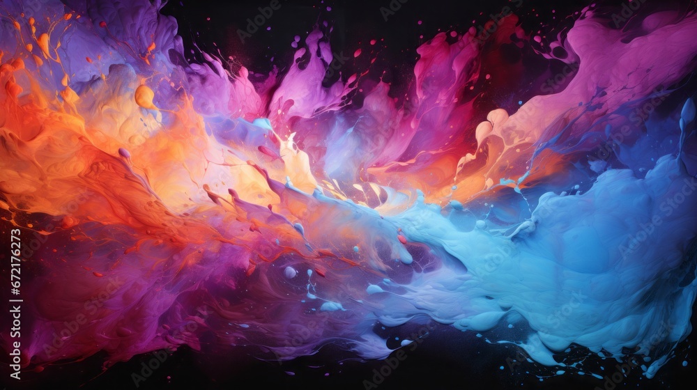 Obraz premium Vivid paint splash in blue, orange, yellow, purple, and aqua hues.Generative AI