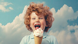 a little boy having fun when eating an ice cream