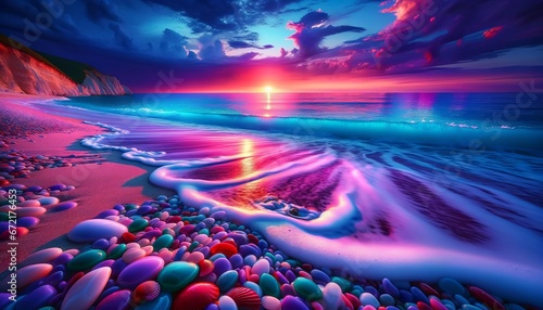 Sunset over colorful pebbled beach with dramatic sky and waves.Generative AI