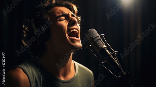 Man singing into a microphone in a vocal studio
