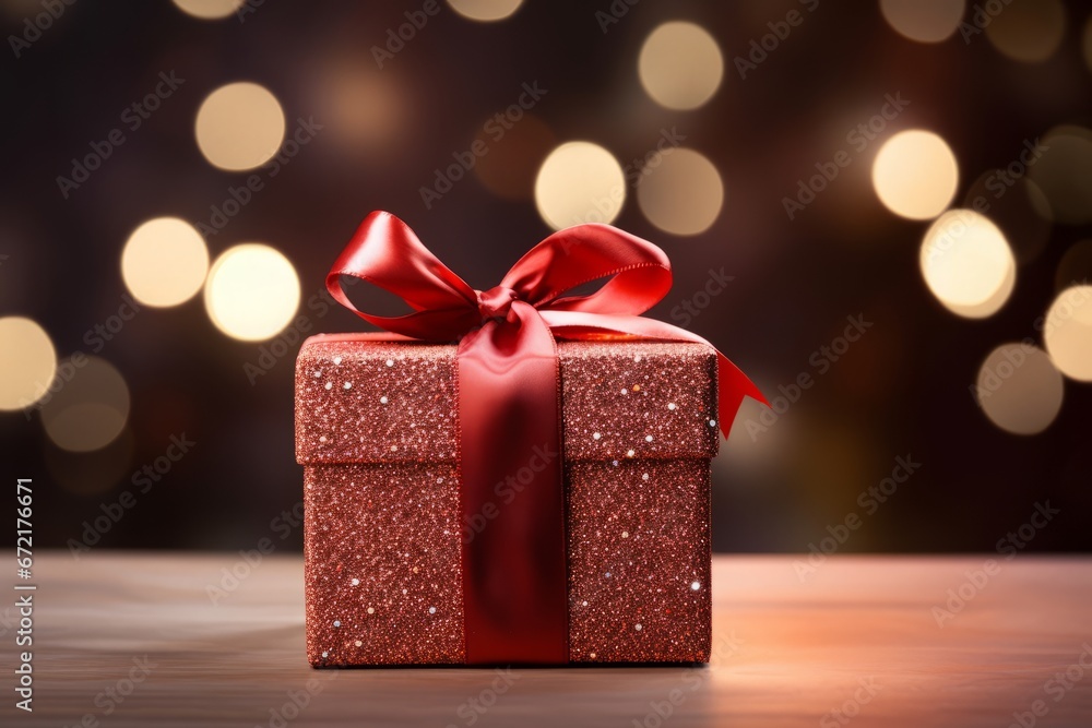 A beautifully tied red ribbon bow adorning a Christmas gift wrapped in festive paper under the twinkling lights of a decorated tree A beautifully tied red ribbon bow adorning a Christmas gift wrapped in festive paper under the twinkling lights of a decorated tree