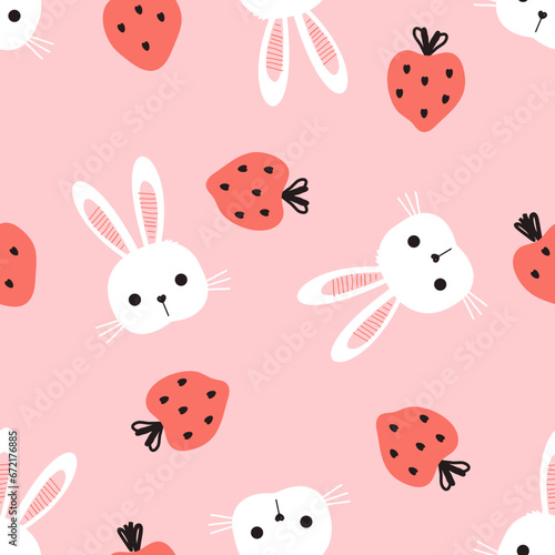 Seamless pattern with bunny rabbit cartoon and strawberry on pink background vector illustration.
