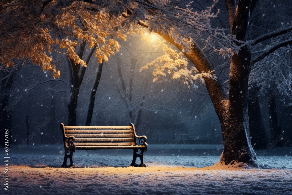 A solitary wooden bench blanketed in fresh snow, nestled amidst a tranquil park adorned with twinkling Christmas lights and frost-kissed trees