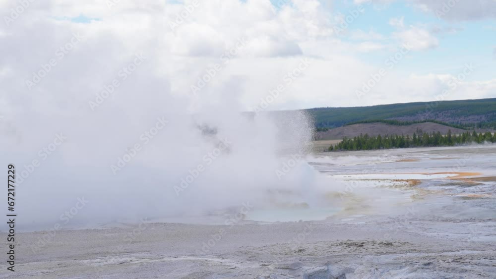 Geyser eruption mud flats Yellowstone Park. Geyser geology. Geothermal geological environment ecosystem
Geyser eruption mud flats Yellowstone Park. Geyser geology. Geothermal geological environment ecosystem