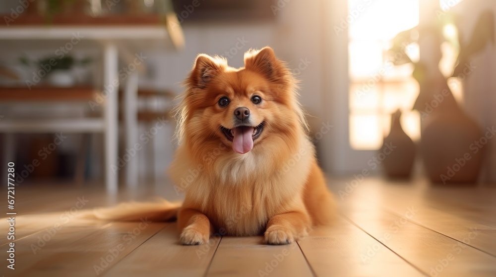 Adorable fluffy puppy relaxing alone at home, staring at the camera while seated on the wooden floor in a bright, modern room with a hazy background. Adorable fluffy puppy relaxing alone at home, staring at the camera while seated on the wooden floor in a bright, modern room with a hazy background.