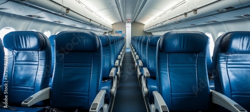 Modern airplane cabin interior. Generative AI technology. 