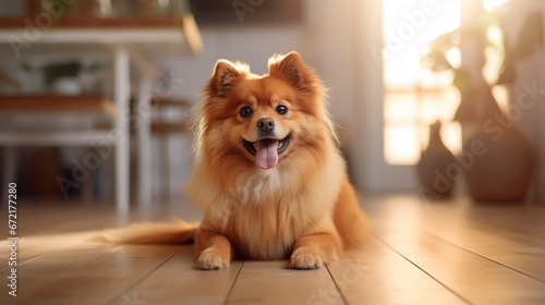 Adorable fluffy puppy relaxing alone at home, staring at the camera while seated on the wooden floor in a bright, modern room with a hazy background.