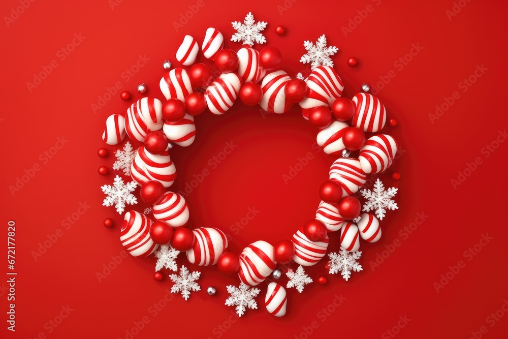 Vibrant Red Holiday Wreath with Snowflakes and Candy Canes: A Festive Delight - Generative AI