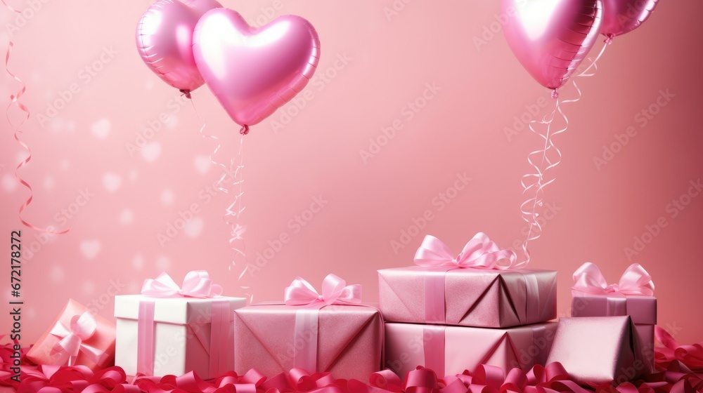 Valentine Day gift. Romantic pink background with balloons hearts and gift box
