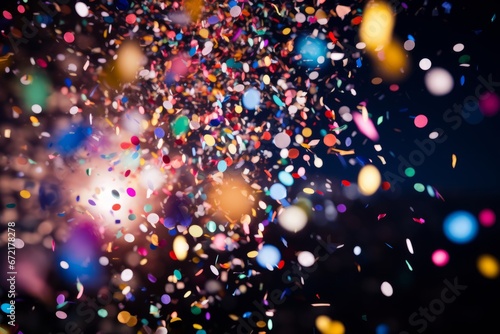 A vibrant display of multicolored confetti raining down on a jubilant crowd celebrating the arrival of the New Year photo