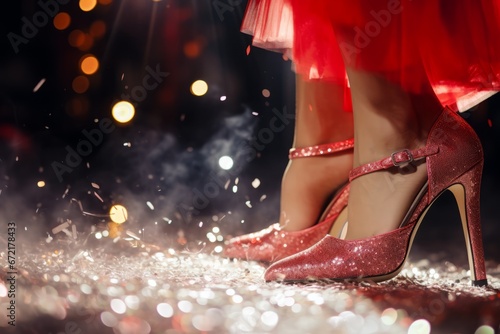 A close-up shot of glittering festive shoes tapping rhythmically on a vibrant dance floor during a lively New Year's Eve party