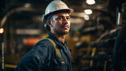 Portrait worker in uniform and hardhat standing in factory. Generative Ai.  © zorandim75